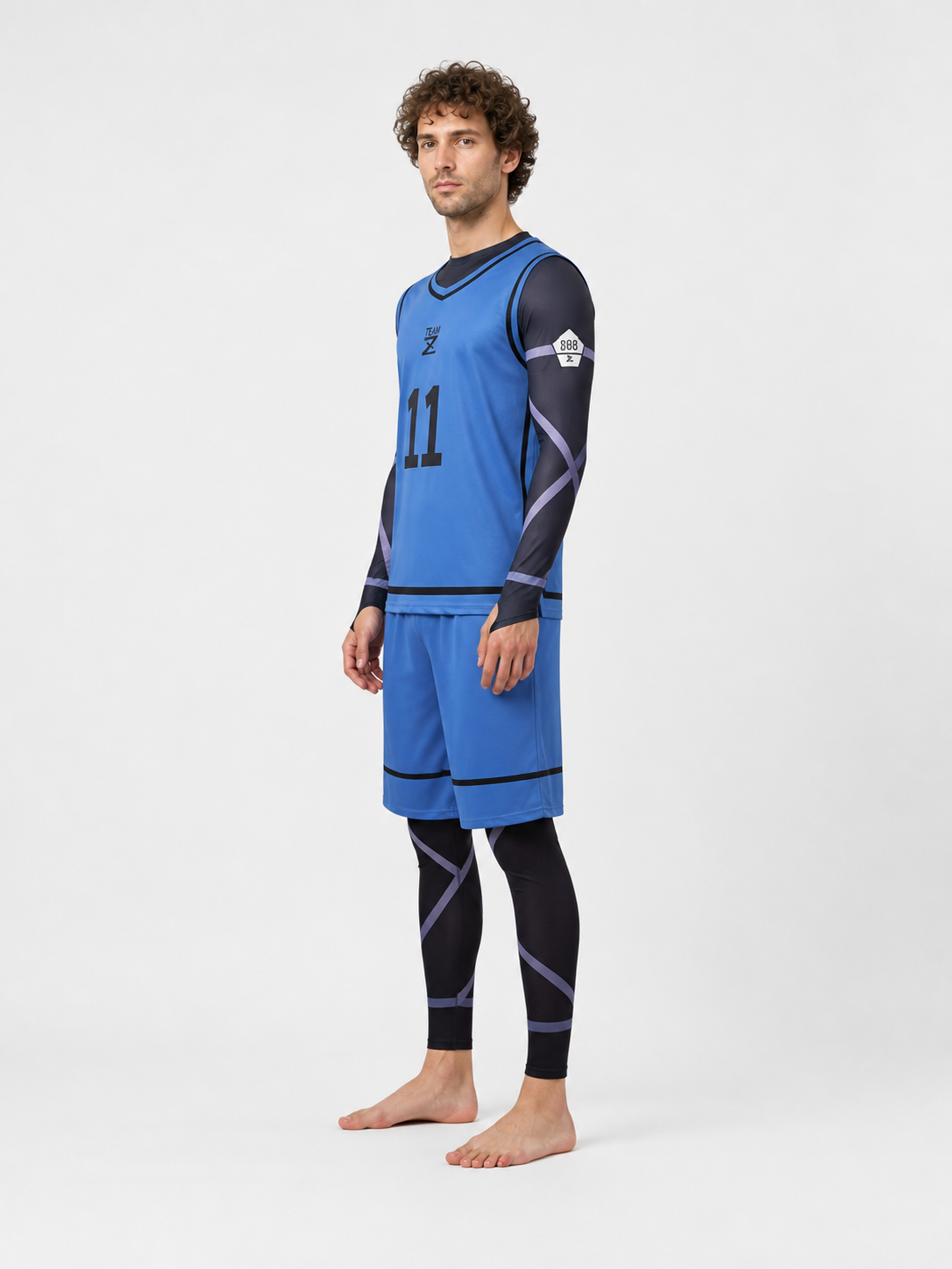 Blue and Black Sports Cosplay Costume with Number 11 side view
