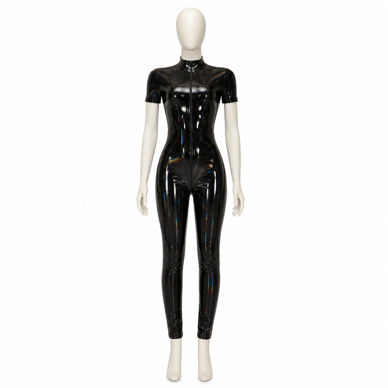 Black Jumpsuit with a High Collar and Short Sleeves side view
