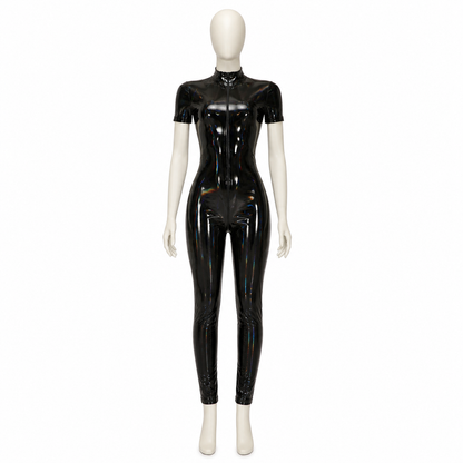 Black Jumpsuit with a High Collar and Short Sleeves side view