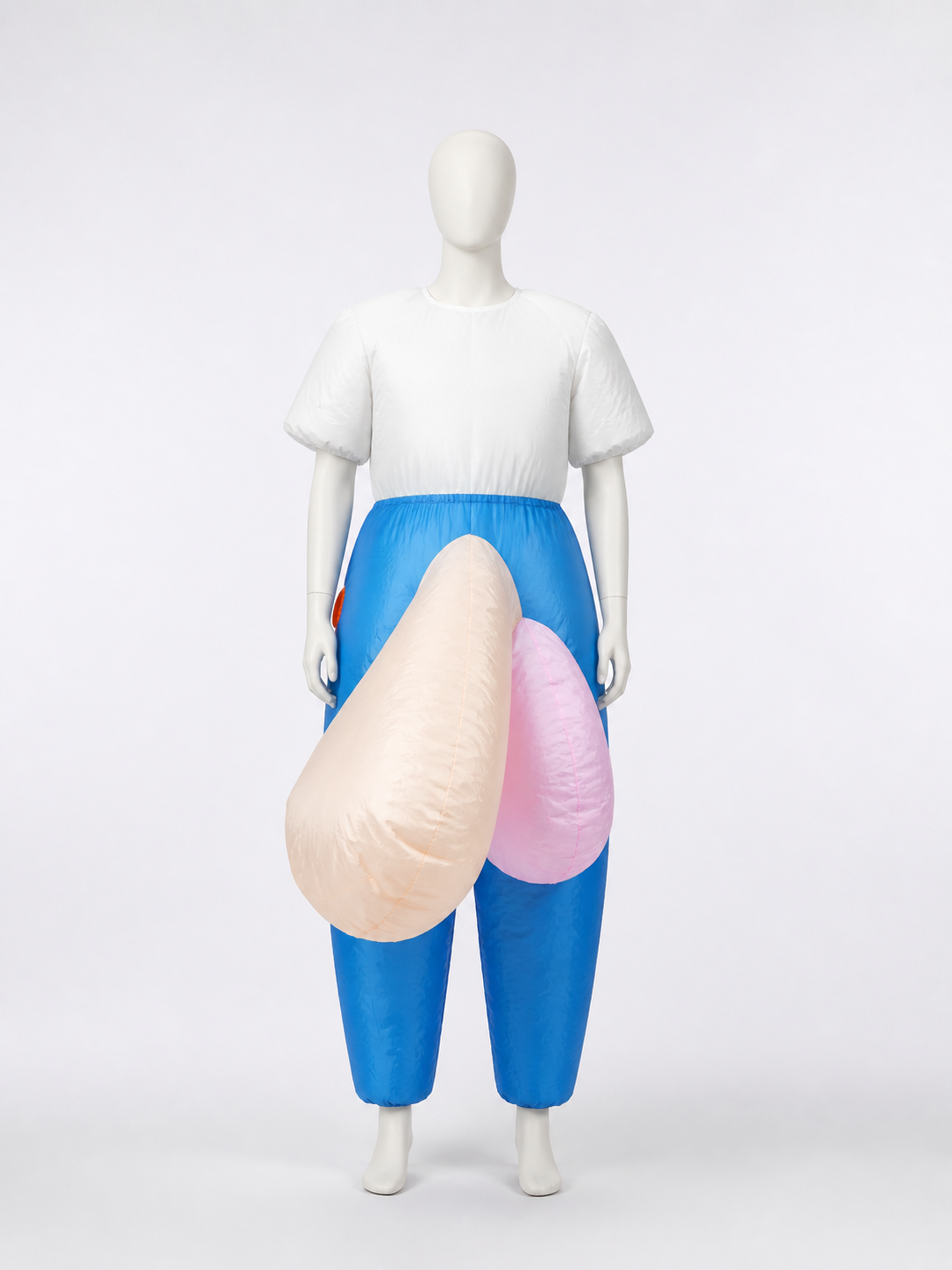 Beige and Blue Inflatable Costume with Pink Accents side view