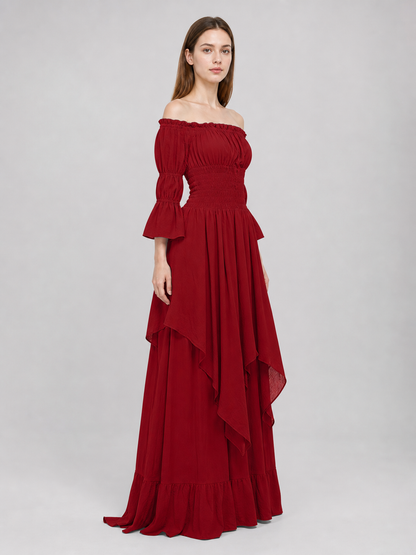 Burgundy Off-the-Shoulder Retro-Style Dress