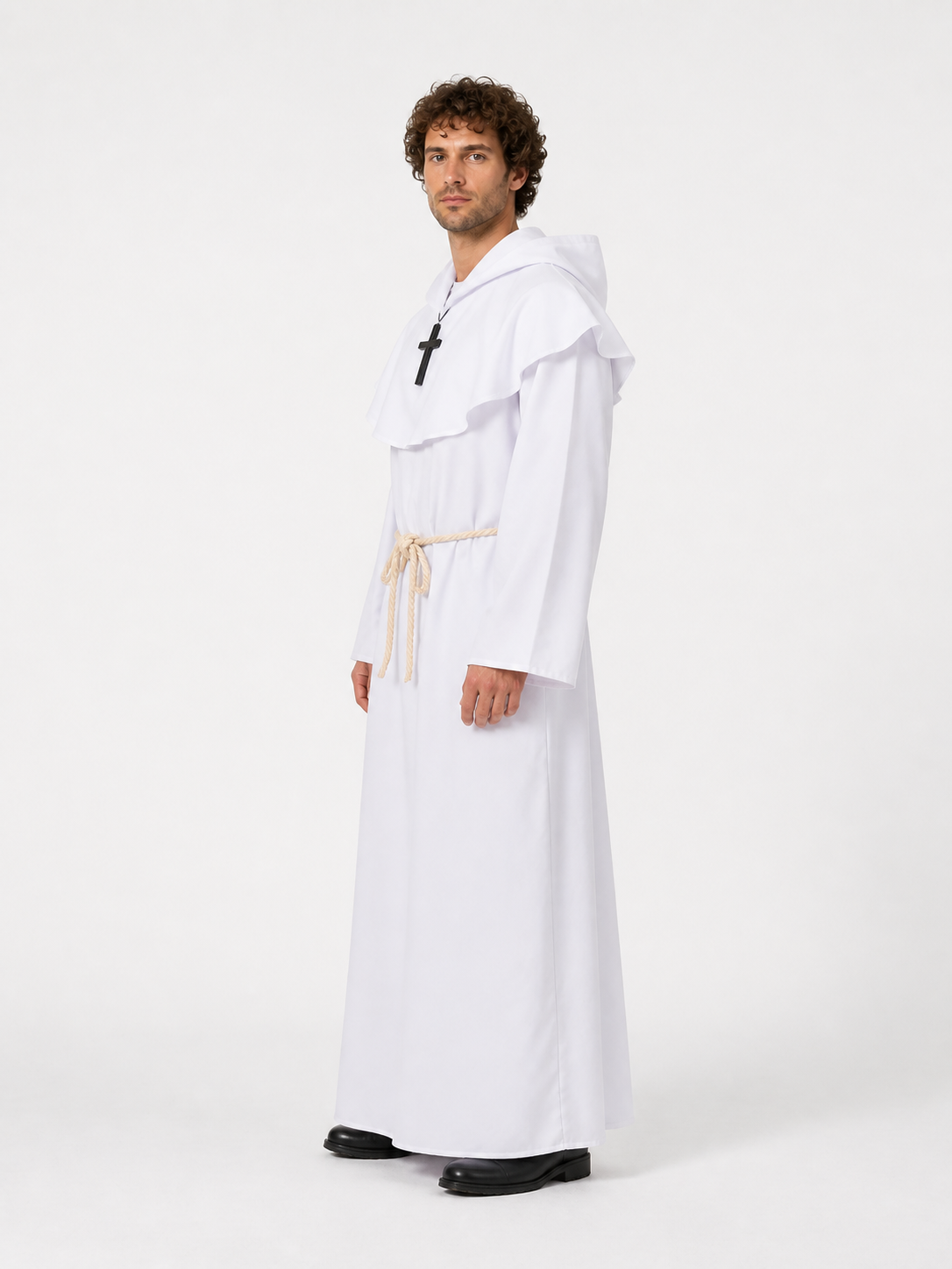 Long White Robe with Hood and Cross side view