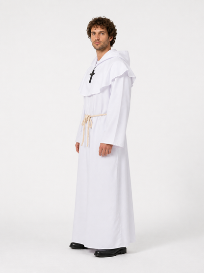 Long White Robe with Hood and Cross side view