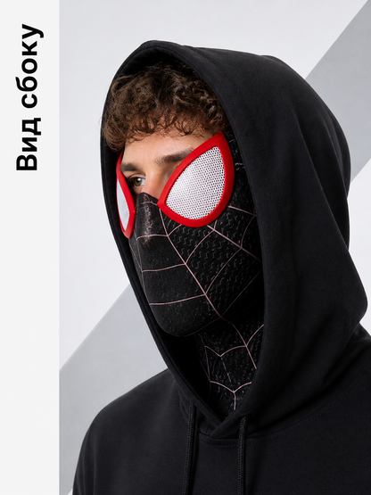 Red-and-Black Cosplay Mask with Web Pattern side view