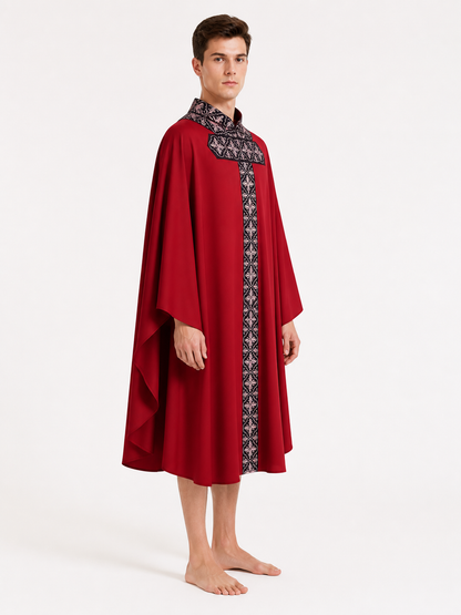 Red Cloak with Black Pattern and Wide Sleeves side view
