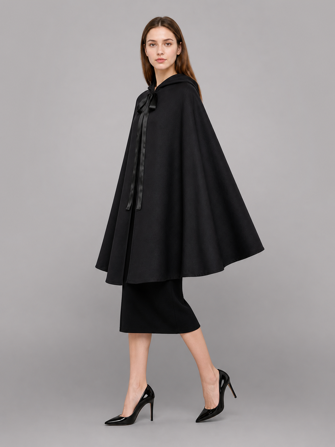 Black Costume Cloak with Hood and Ties