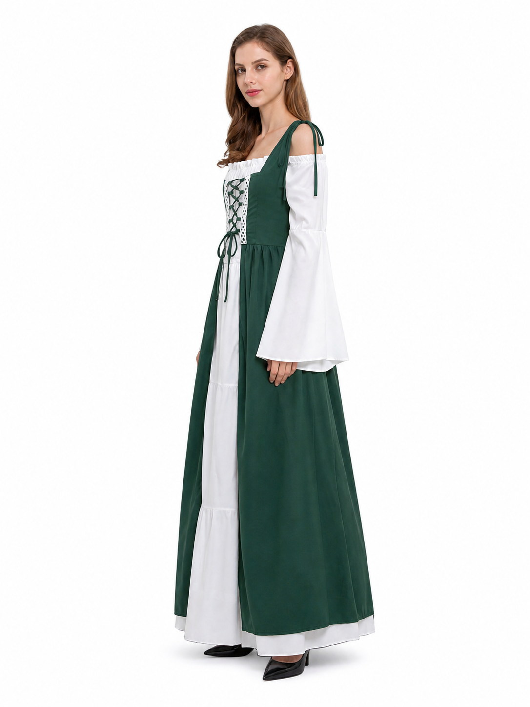 Historical Long Green Dress with Lace side view