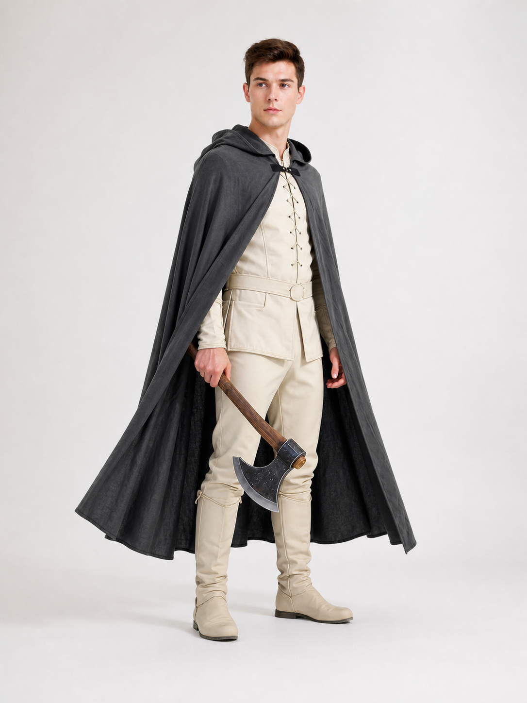 Adult Fantasy Hooded Cape, Long Dark Gray Cloak With Front Tie Closure, Wide side view 4