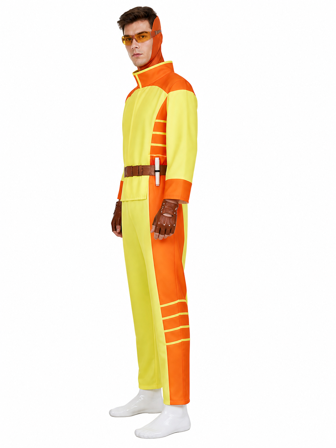 Superhero cosplay costume with mask and gloves side view