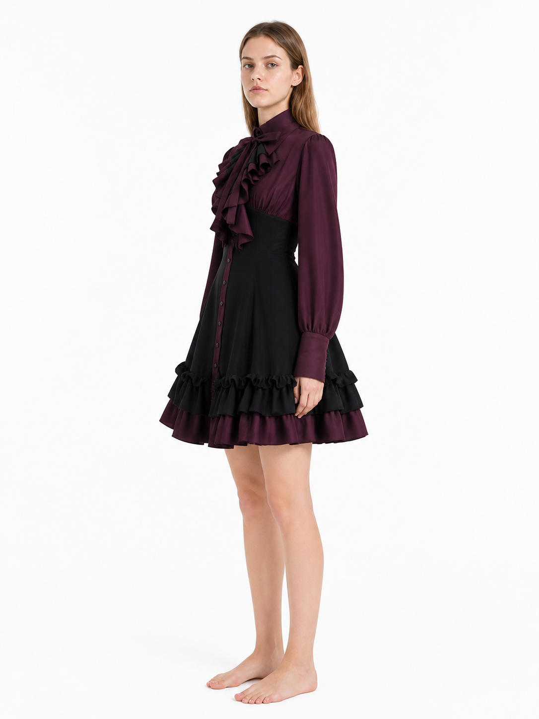 Black and Burgundy Dress with Ruffles and a High Collar side view