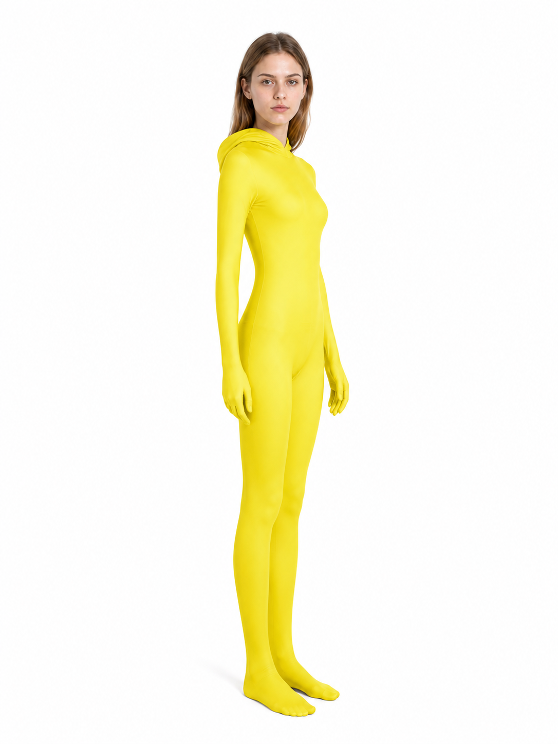 Yellow Zentai Bodysuit with Full Hood side view