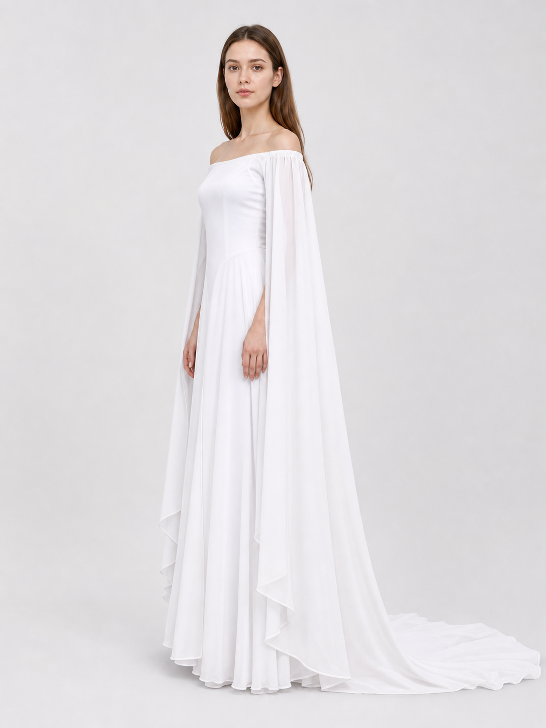 White Dress with a Square Neckline and Wide Sleeves