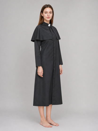 Black medieval-style costume designed to create a striking look for costume
