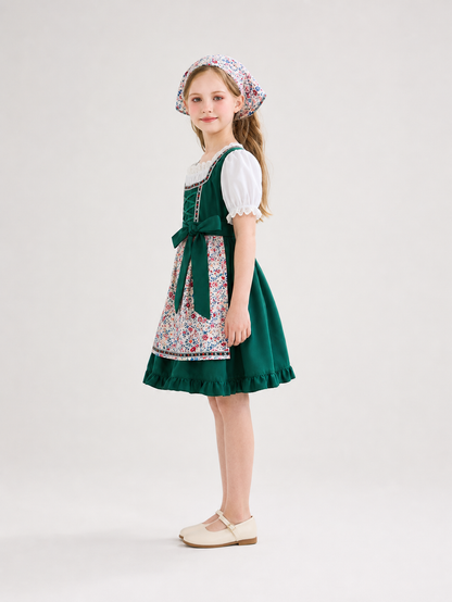 Green Girls’ Dirndl-Style Dress with Apron and Headscarf
