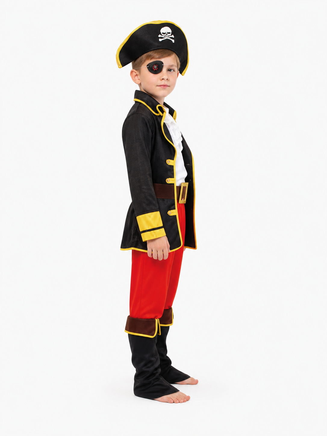 Children's pirate costume with hat and eye patch side view