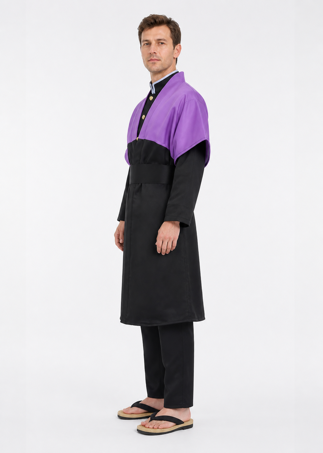 Shinobu Costume: Purple Jacket, Black Shirt, Pants, and Belt side view