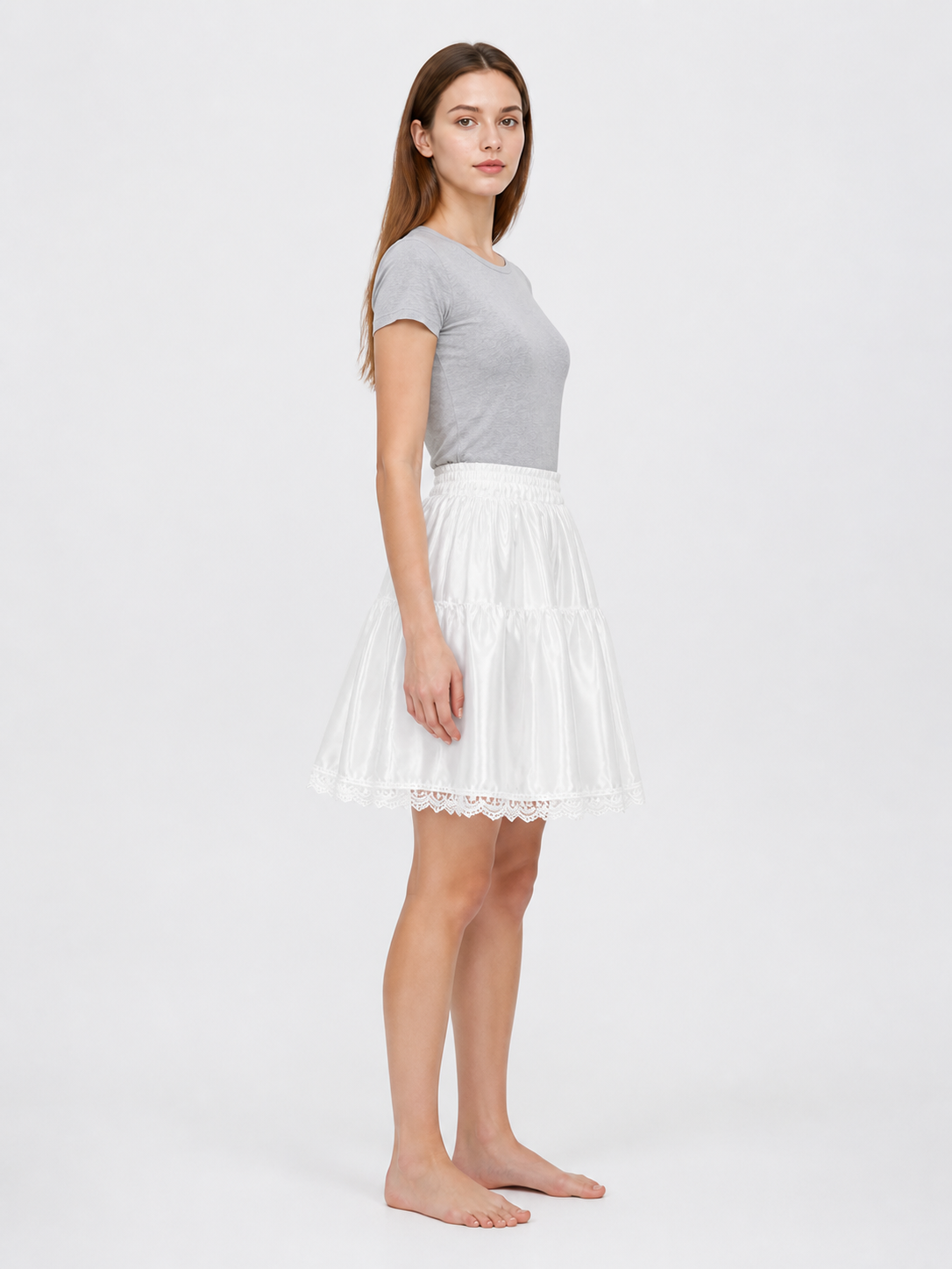 White Full Multi-Layer Skirt with Lace Hem side view