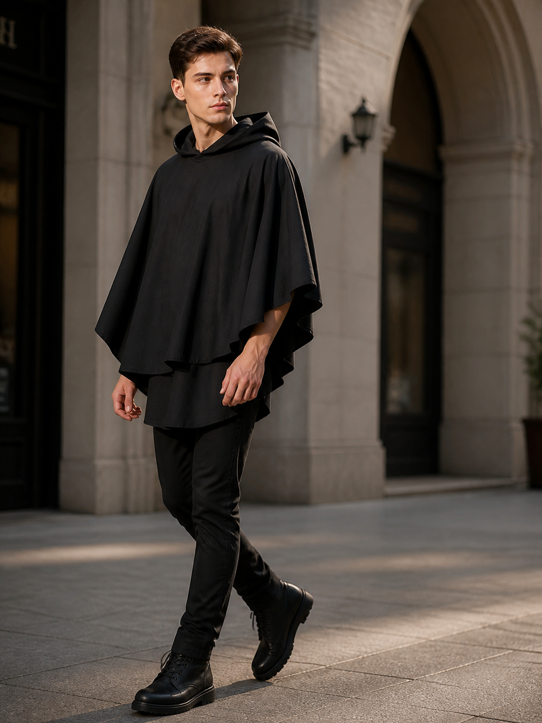 Women's Gothic Hooded Cape Cloak for Halloween Cosplay, Black Flowing Draped side view 5