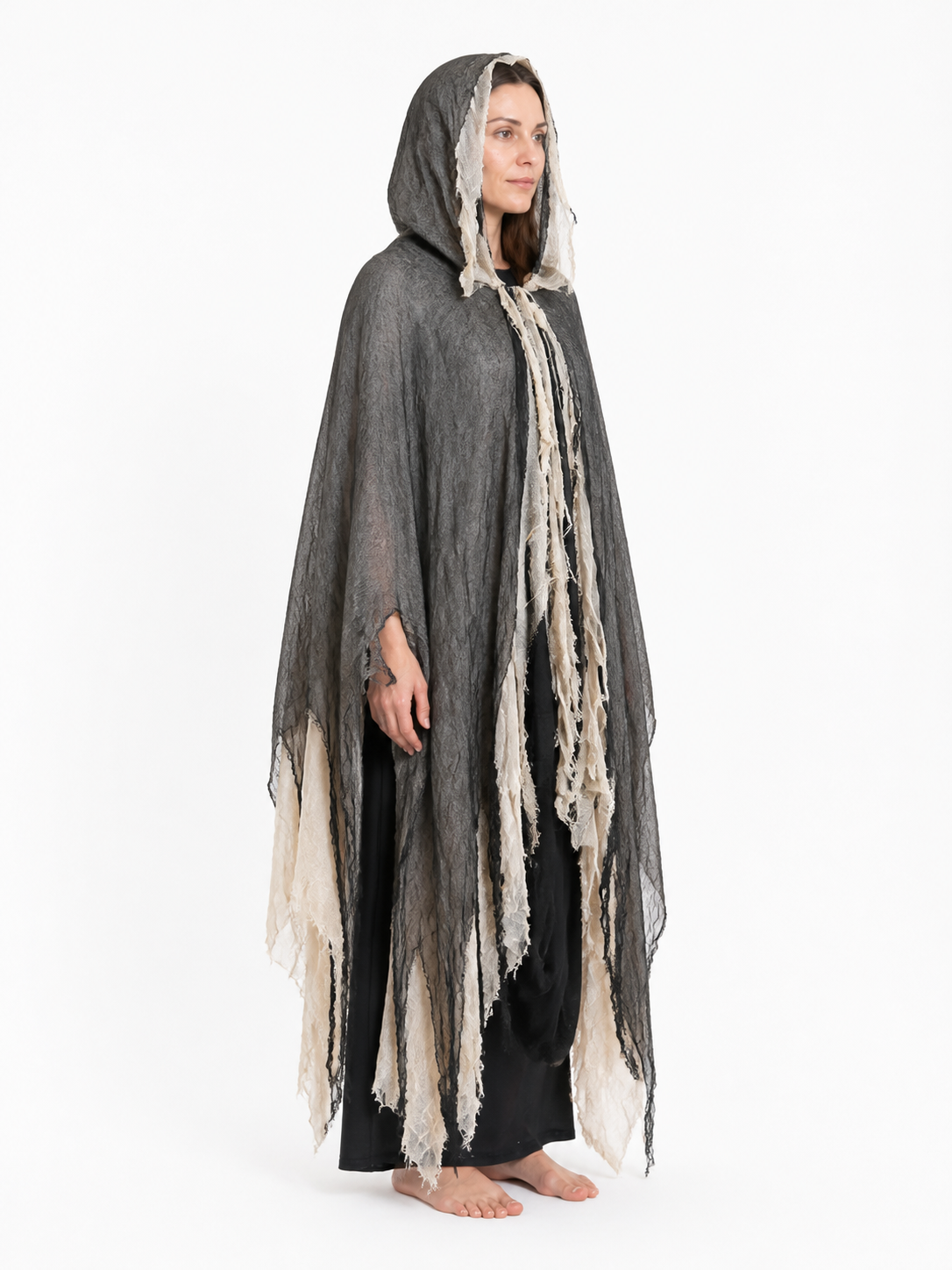 Tattered Black-and-White Hooded Cloak for Halloween side view