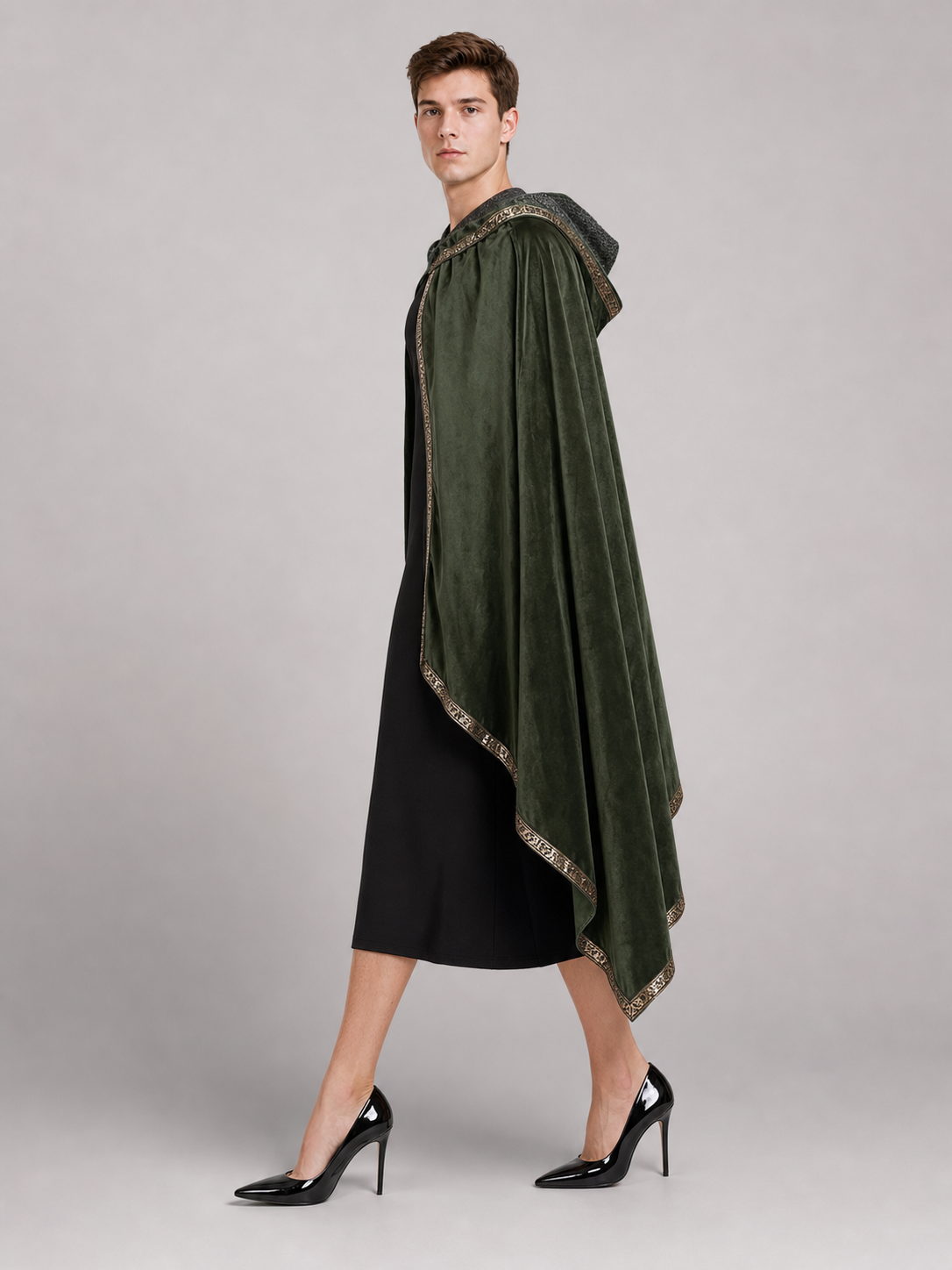 Green asymmetrical long carnival cape