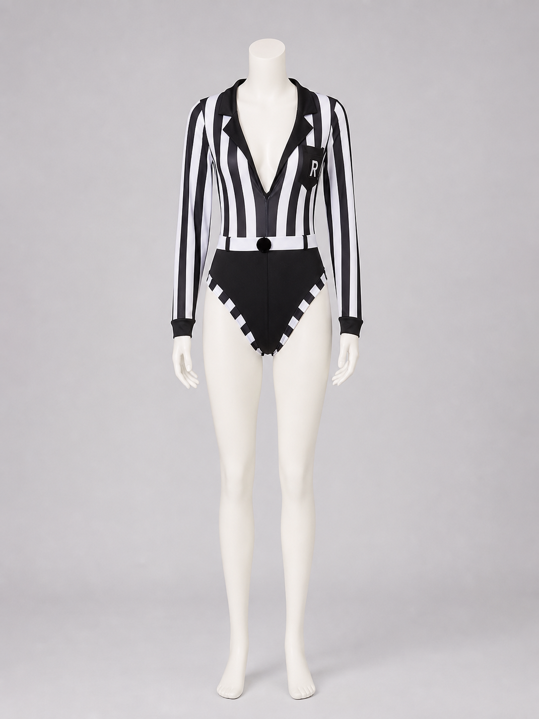 Black and White Striped Jumpsuit with Notched Collar