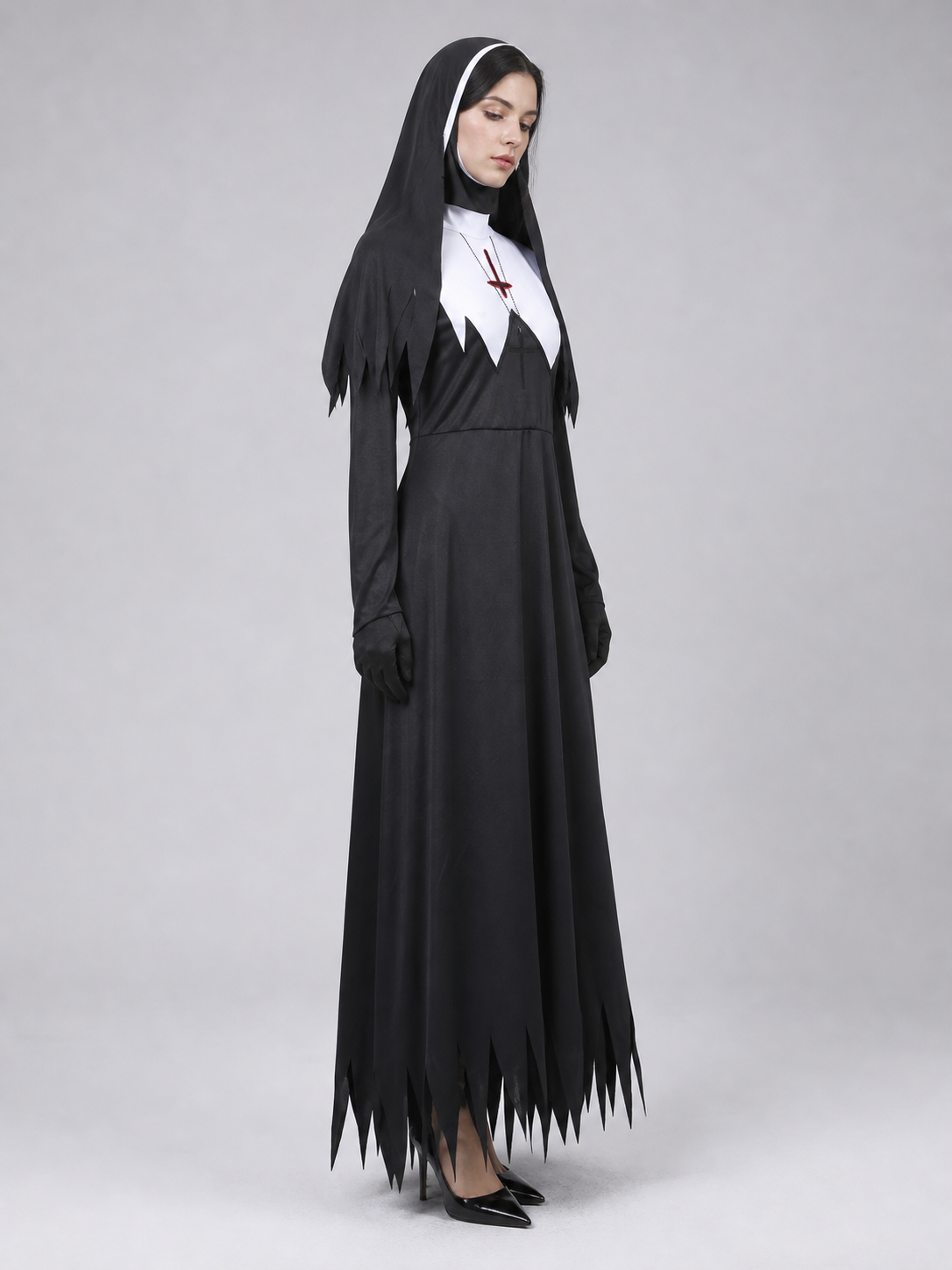 Zombie cosplay costume with a black cassock side view