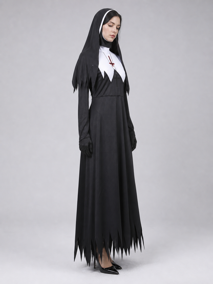 Zombie cosplay costume with a black cassock side view