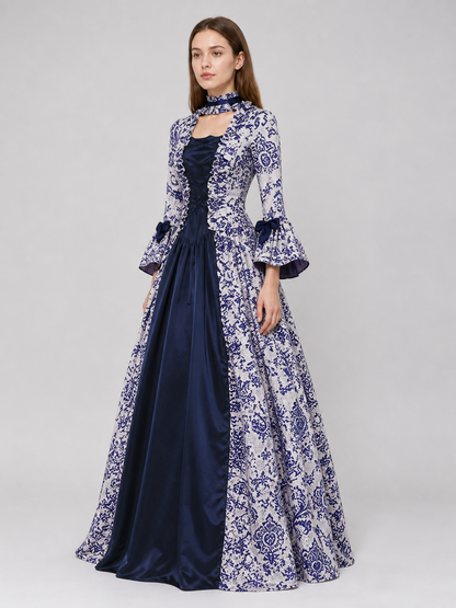Patterned Evening Dress with Long Sleeves and a Flared Skirt