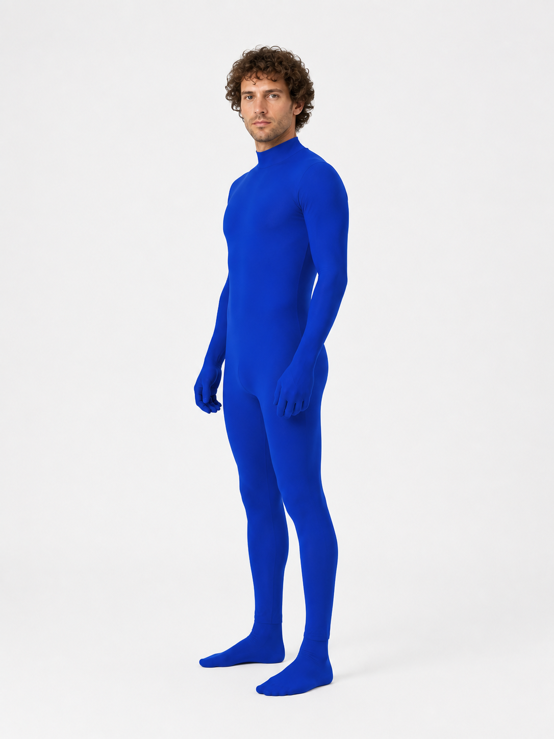 Blue Form-Fitting One-Piece Jumpsuit with High Collar side view