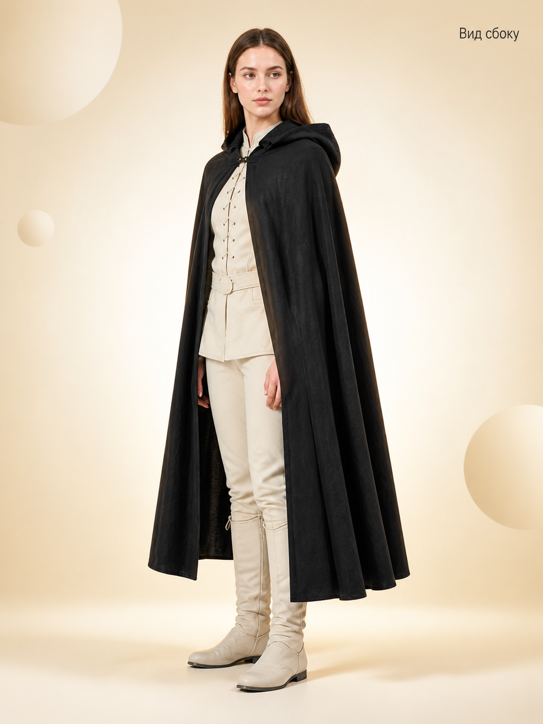 Black Long Hooded Cotton-Linen Cloak side view 2