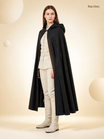 Black Long Hooded Cotton-Linen Cloak side view 2