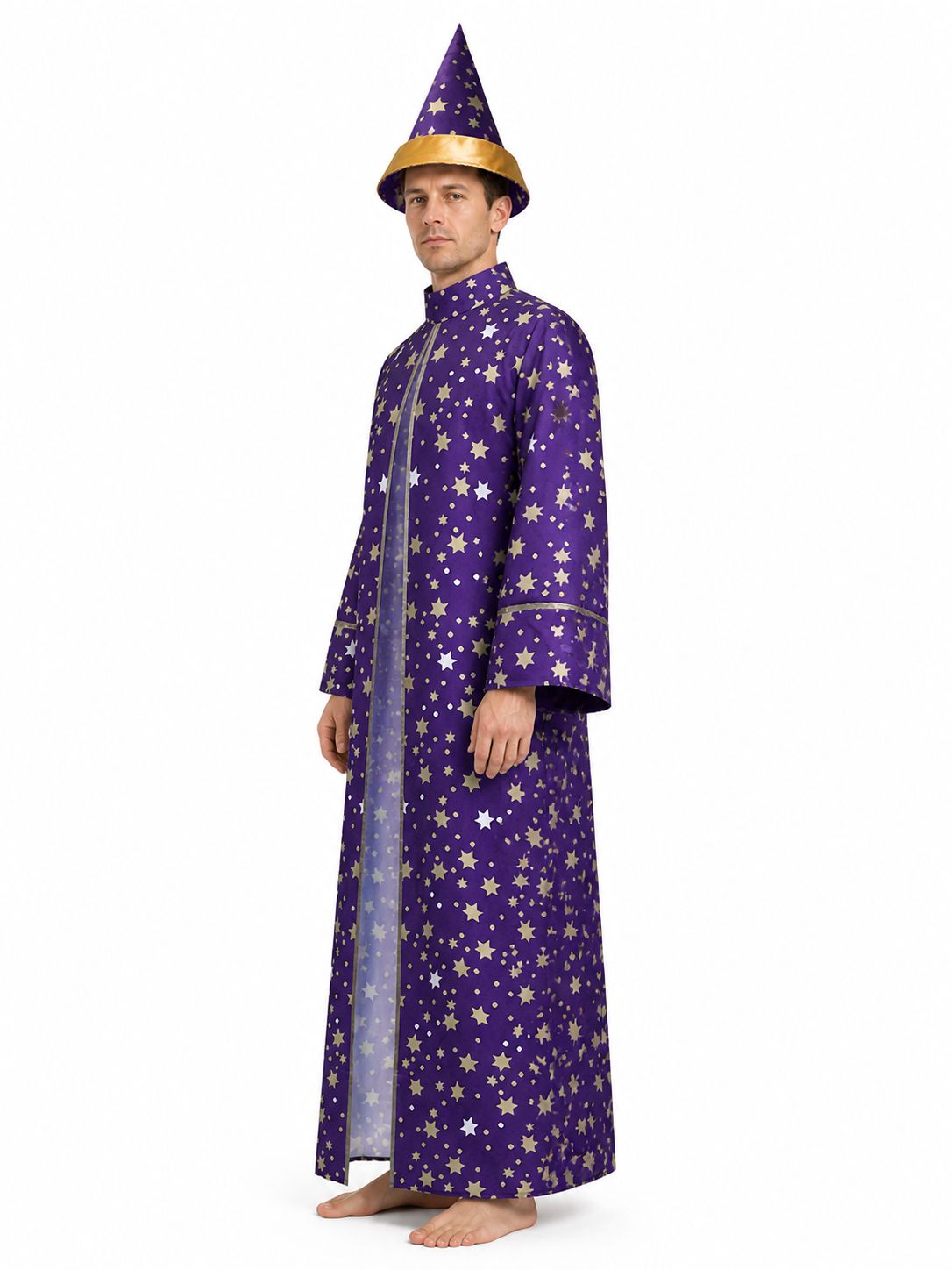 Wizard Costume with Robe and Hat, Purple, Stars side view