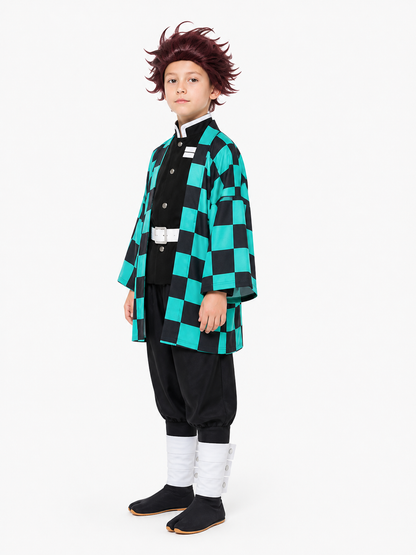 Tanjiro Cosplay Costume, Anime Plaid Cloak for Halloween side view