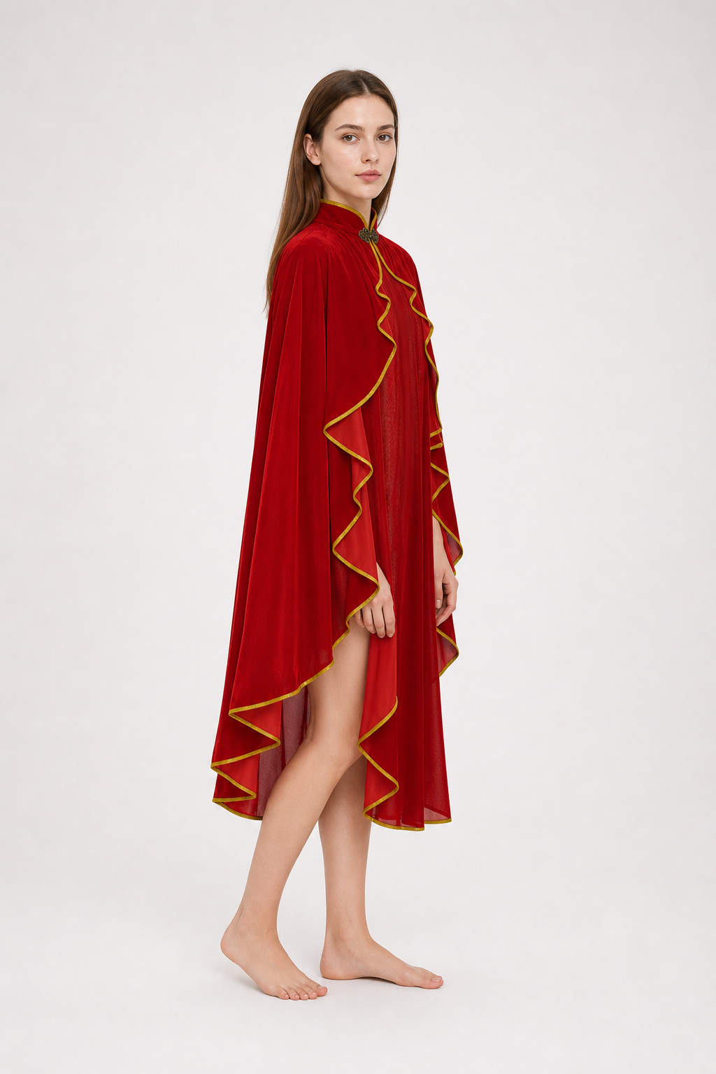 Cape with Stand-Up Collar and Gold Trim for Cosplay side view