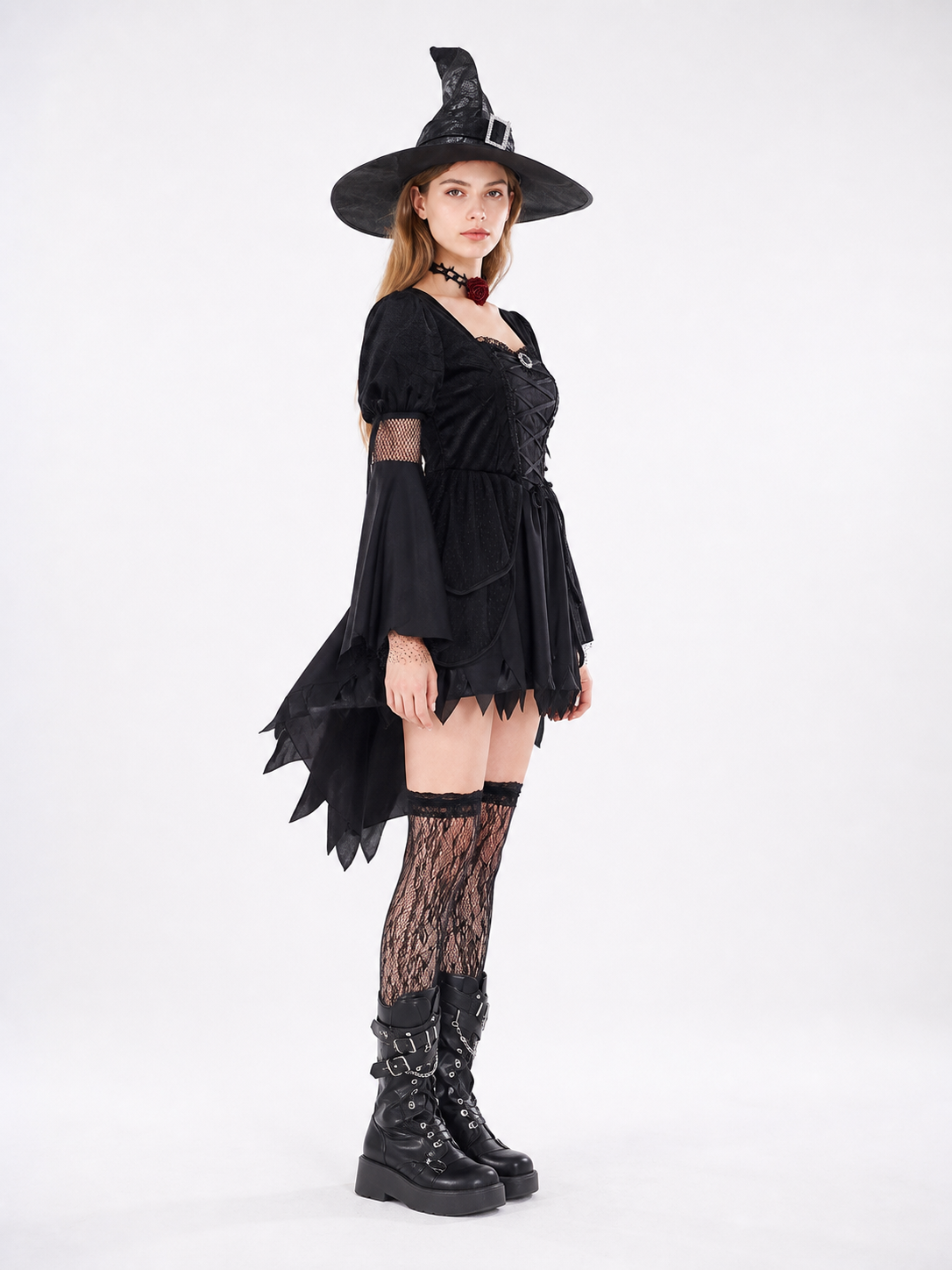 Witch Costume: Dress, Hat, Choker, and Stockings side view
