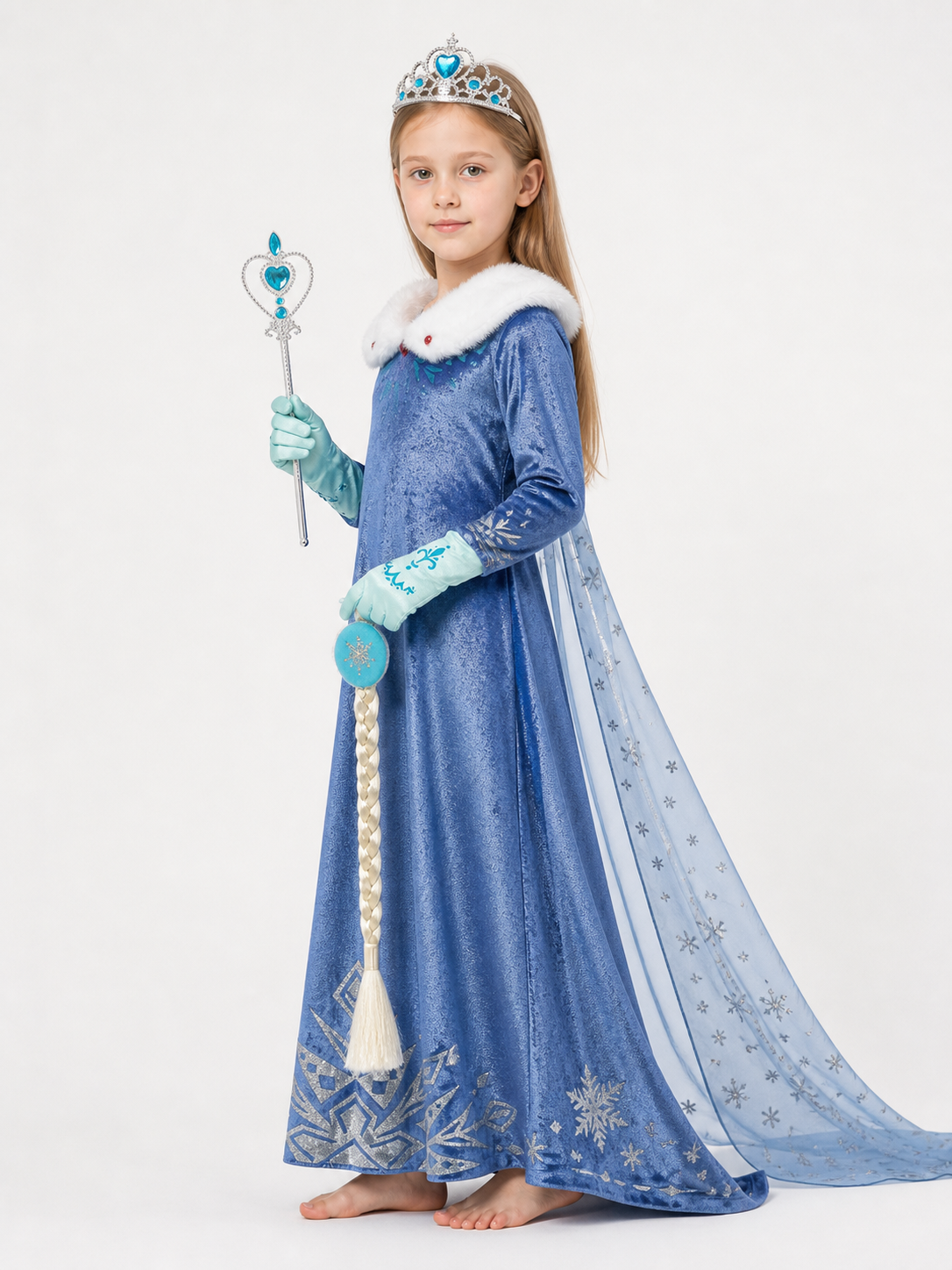 Children's Snow Queen costume with white fur and sequins side view