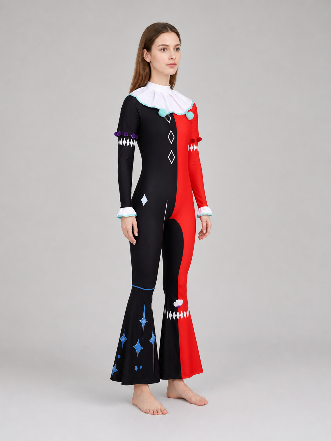 One-piece ghost clown costume in a theatrical circus style. The set includes a