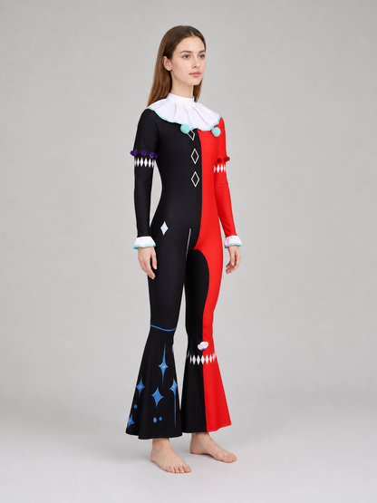 One-piece ghost clown costume in a theatrical circus style. The set includes a