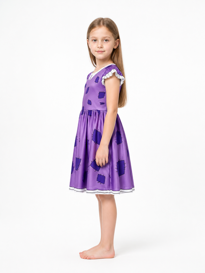 Pomni the Clown Cosplay Dress: Purple with White Ruffles side view