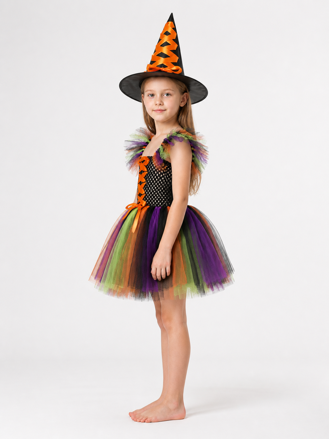 Witch Costume with Full Skirt and Hat, Multicolored side view