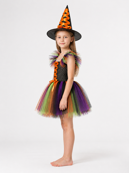 Witch Costume with Full Skirt and Hat, Multicolored side view
