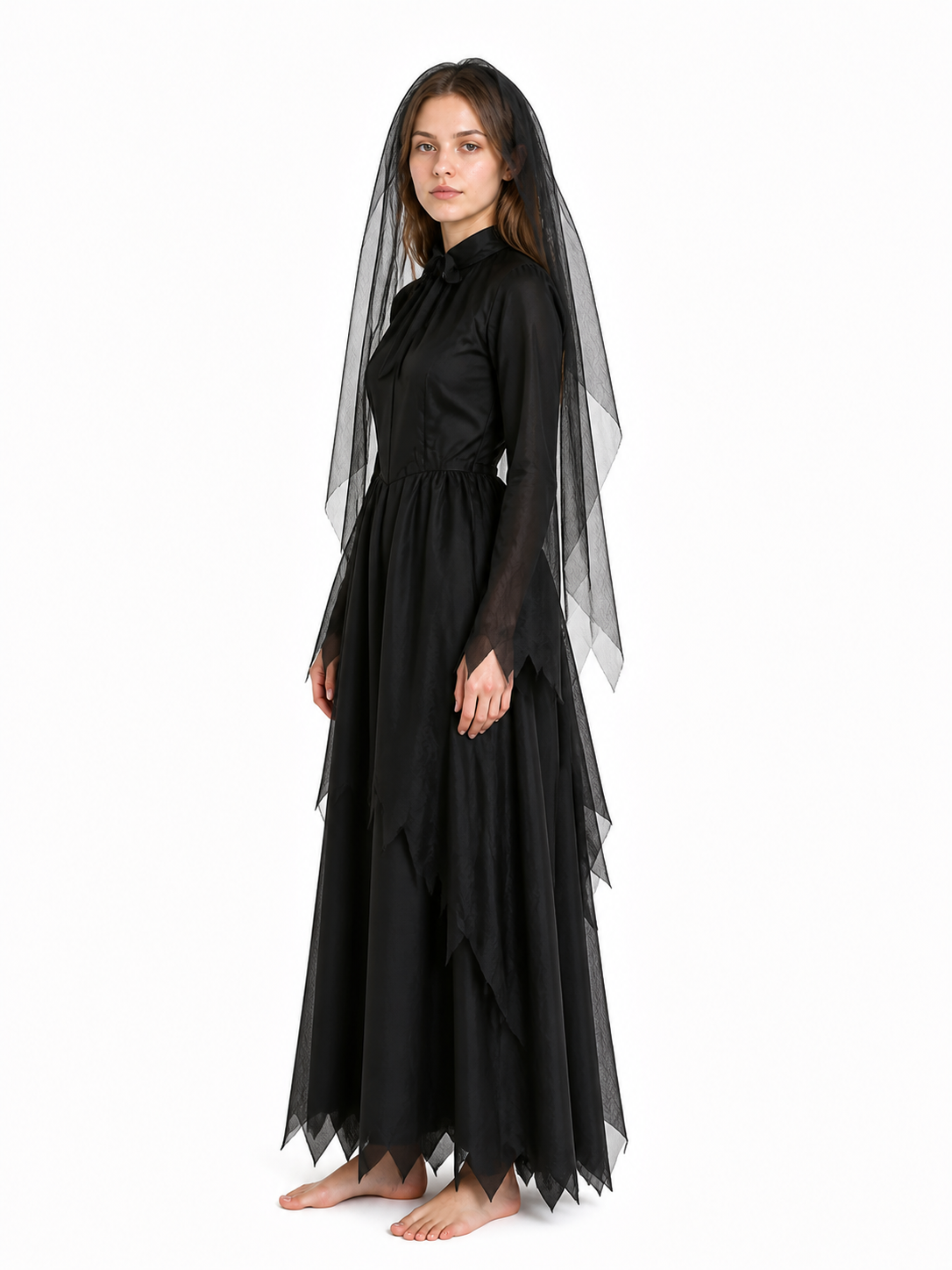 Long Black Halloween Dress with Veil side view