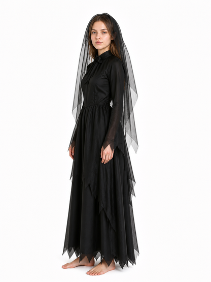 Long Black Halloween Dress with Veil side view