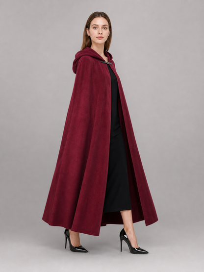 Long burgundy carnival cloak with hood