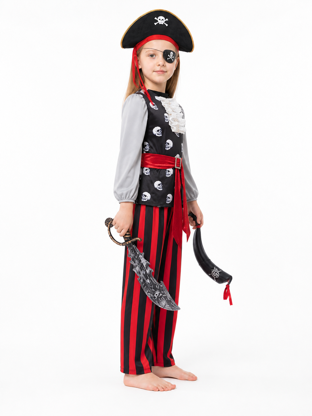 Pirate Costume with Skull, Hat, and Stripes side view