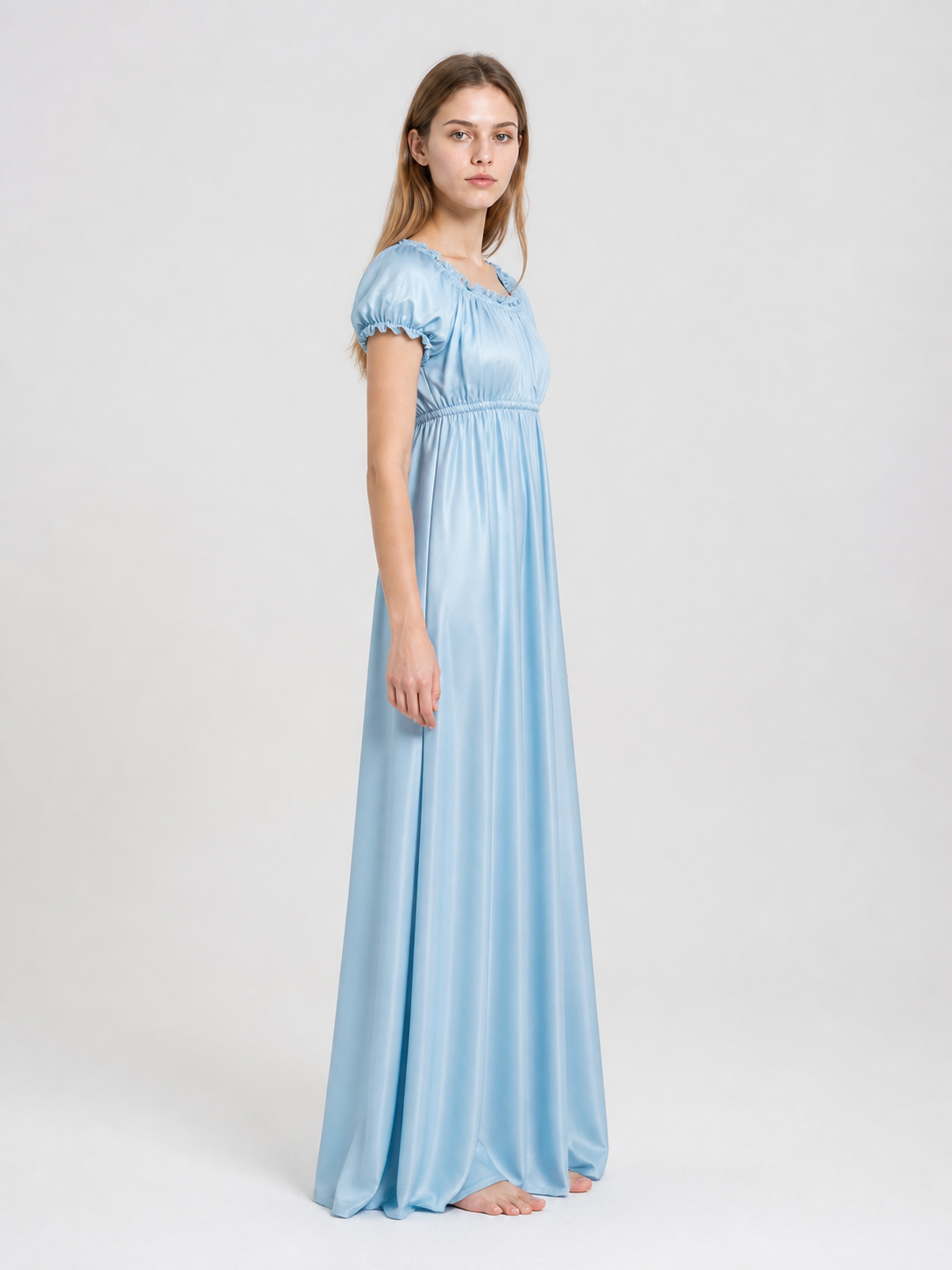 Light Blue Floor-Length Ball Dress with Puff Sleeves side view