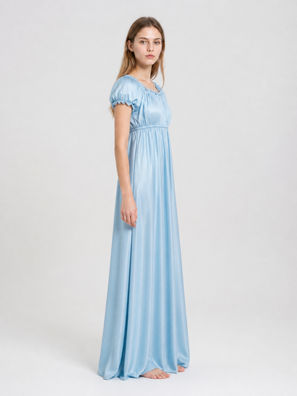 Light Blue Floor-Length Ball Dress with Puff Sleeves side view
