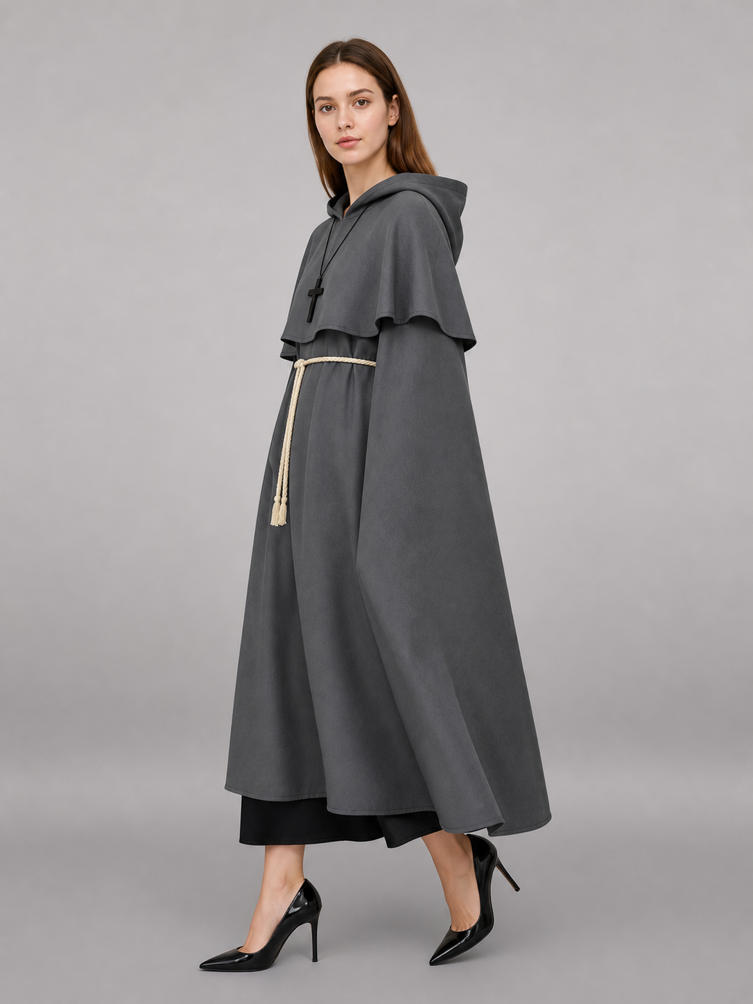 Gray Medieval Hooded Costume Cloak