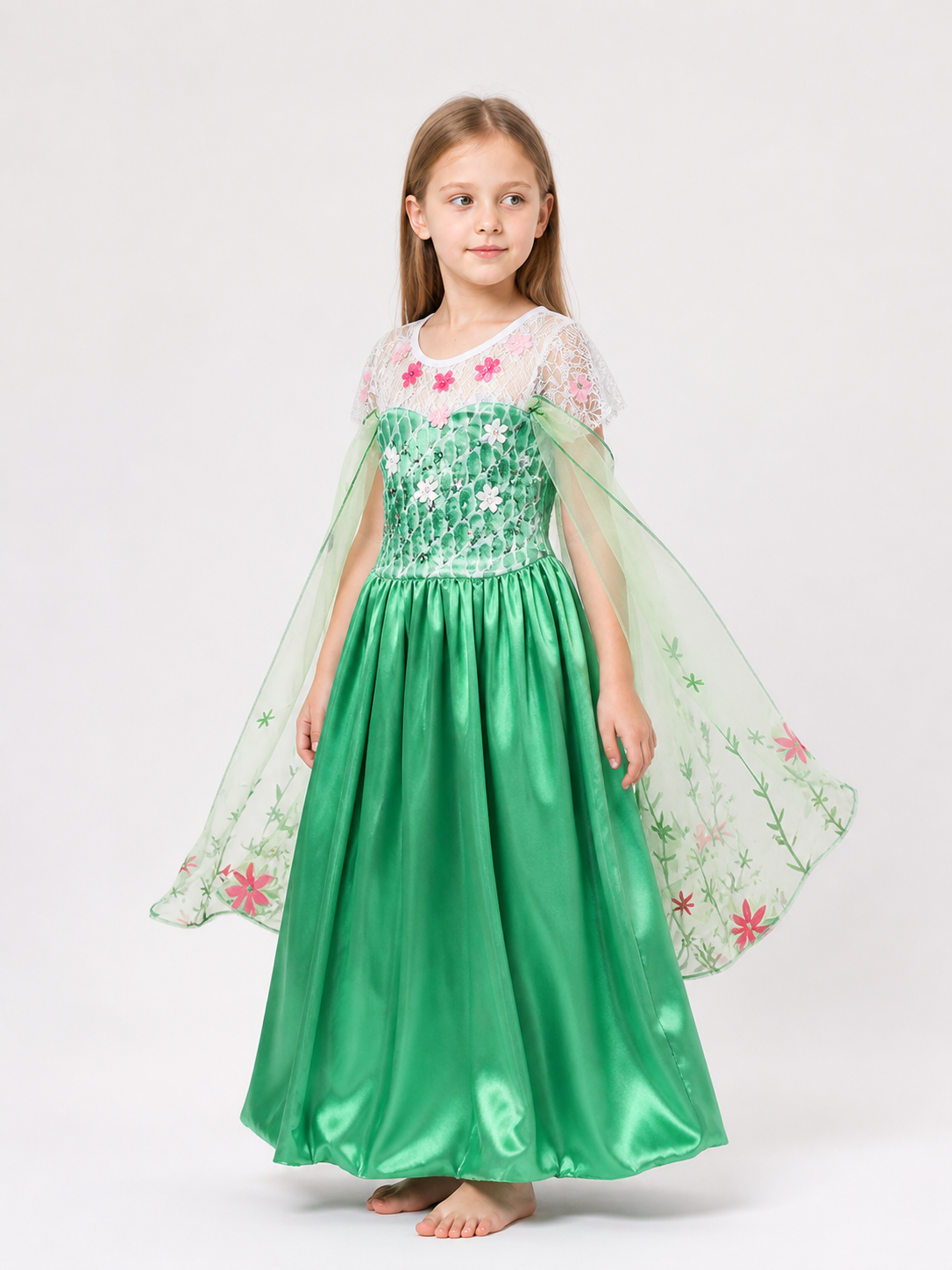 Green Princess Costume Dress with Flowers for Halloween
