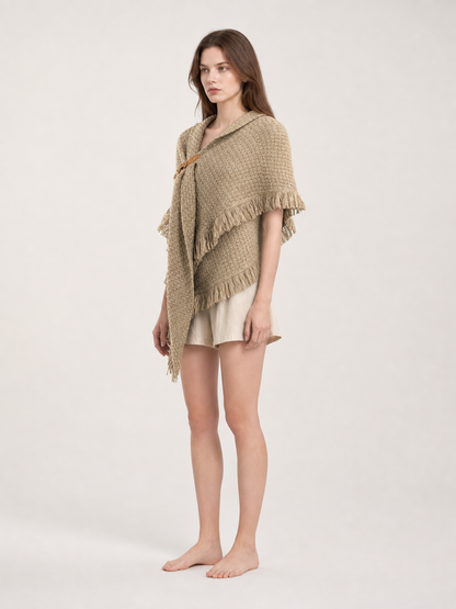 Beige fringed woven costume cape product view 22